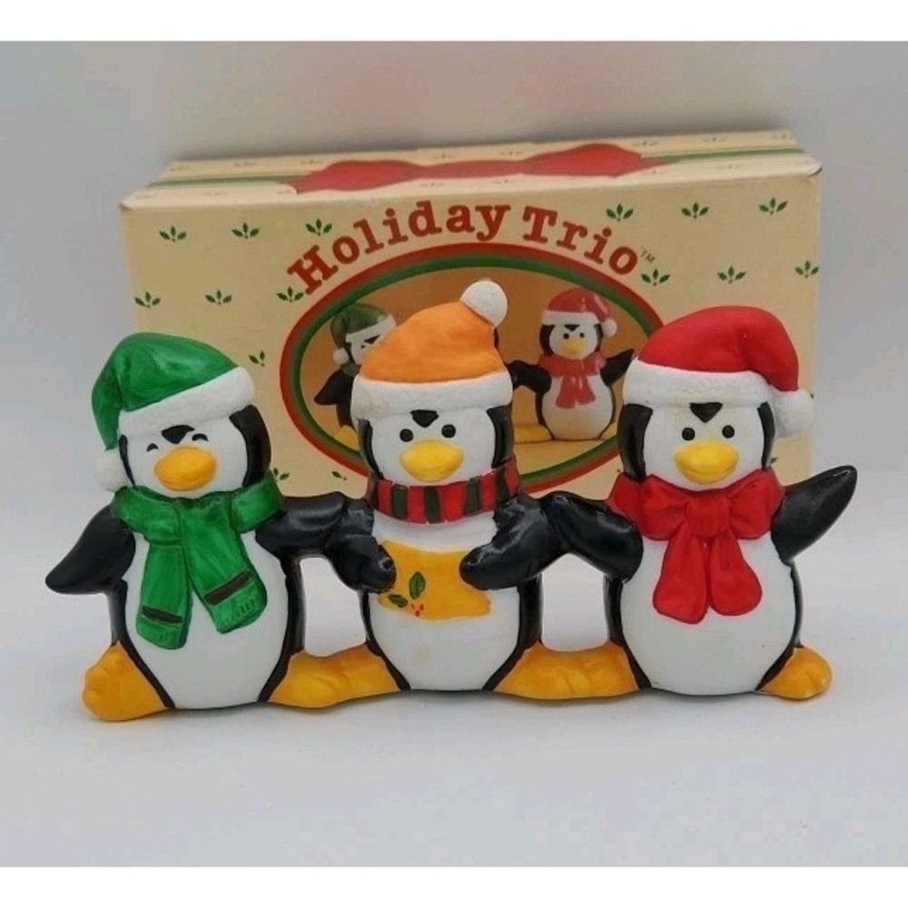 Vintage‎ Russ Christmas Penguins Porcelain Trio Figurine